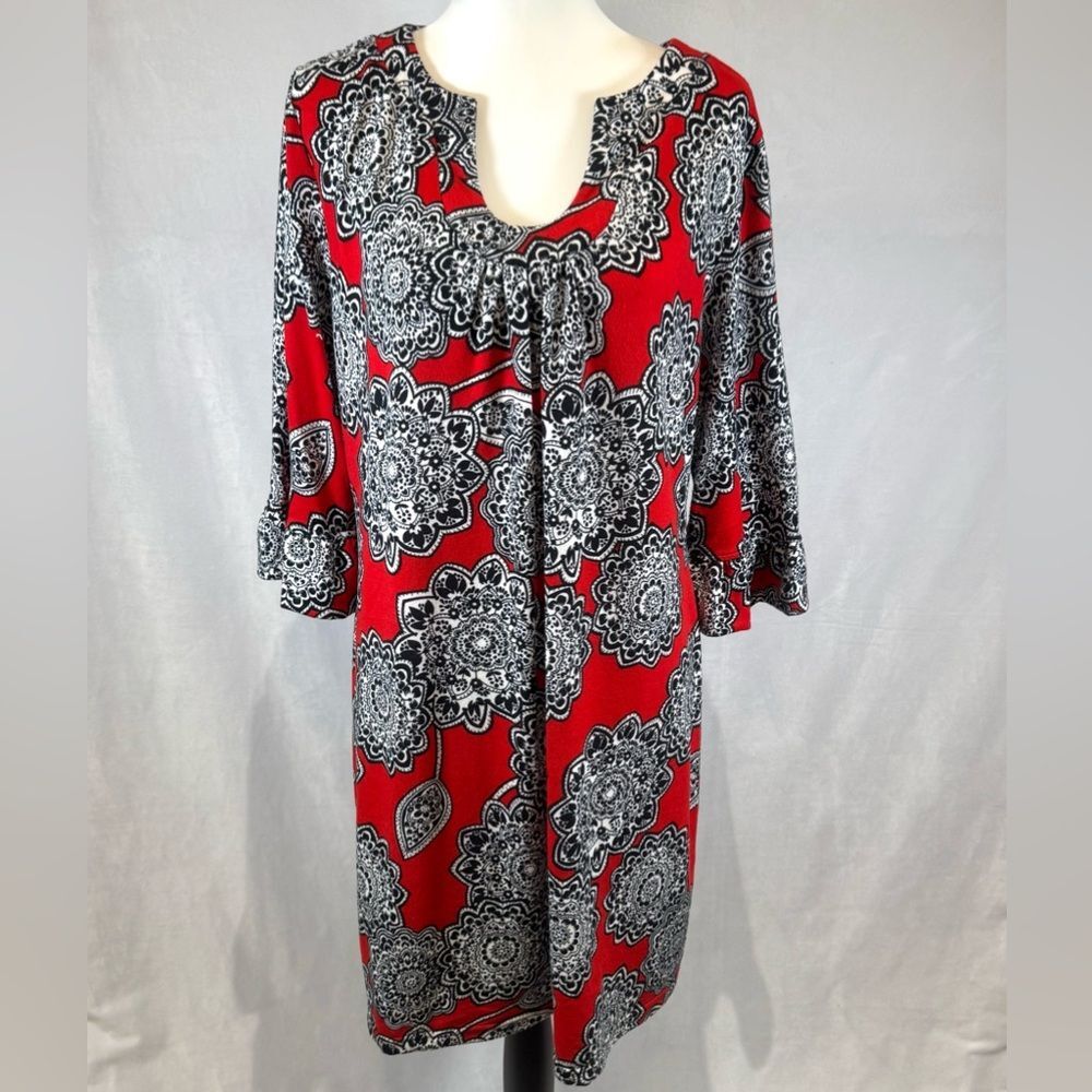Aryeh red and black notched uneck mandala print shift dress size 3X NWT
